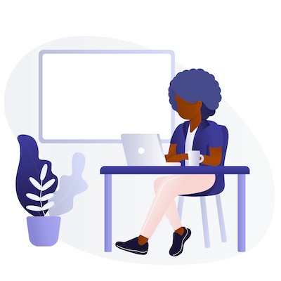 Ilustração de uma pessoa negra utilizando o laptop com um café ao lado